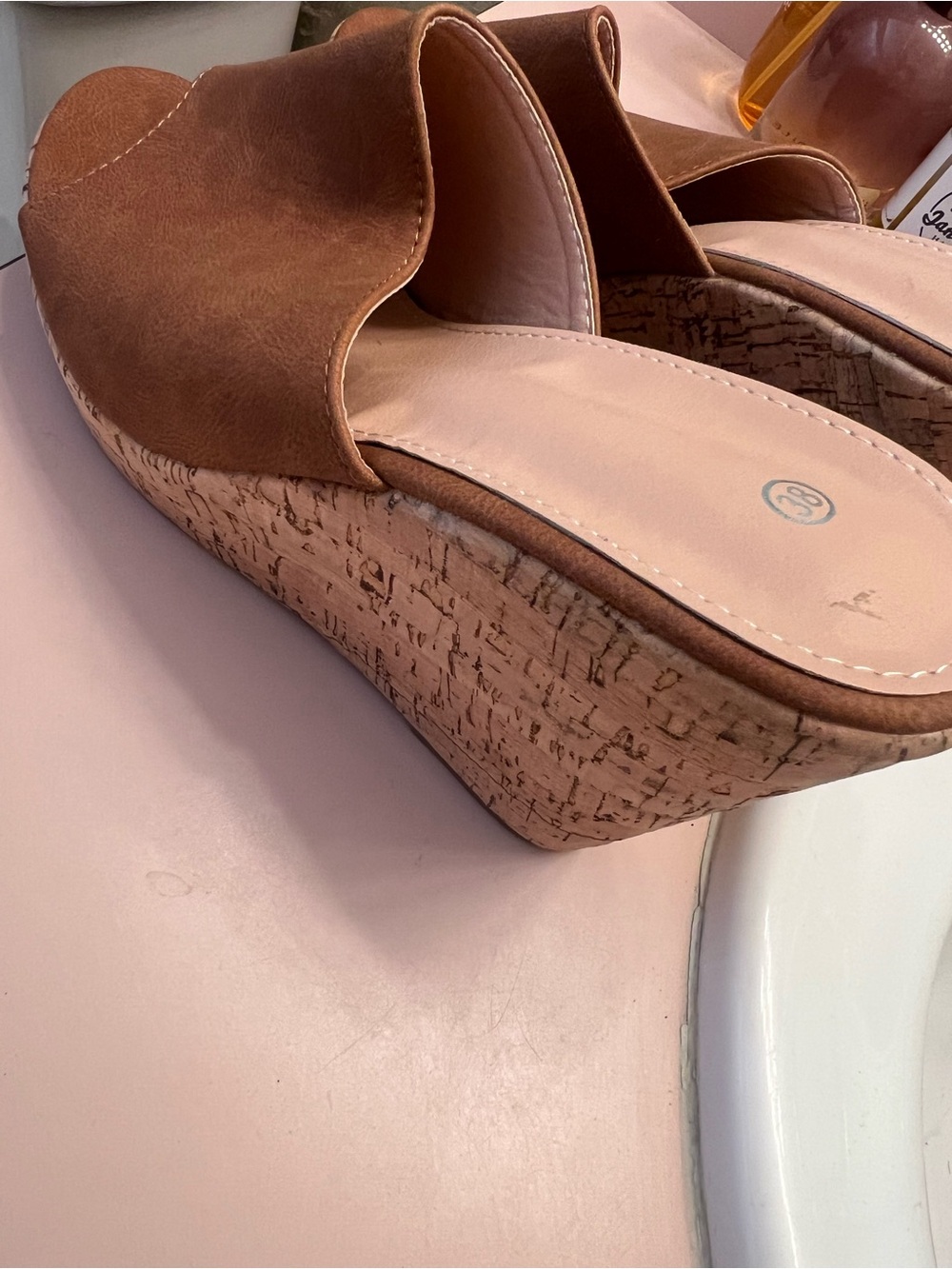 VENUS Tan Brown Cork Wedge Slide Sandals